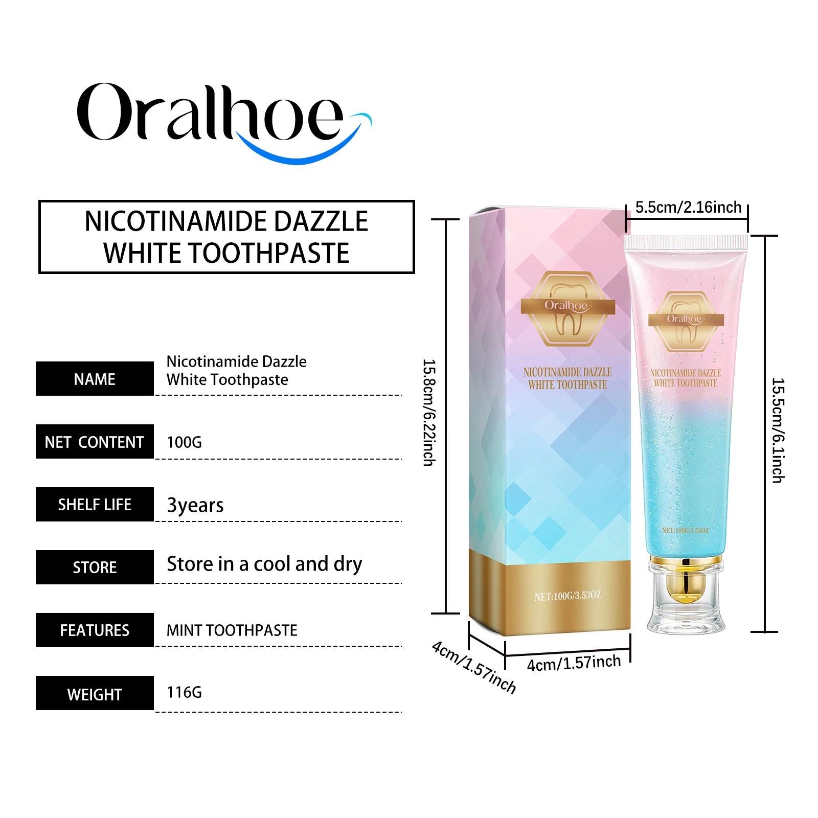 Oralhoe 100g Niacinamide dentifrice blanchissant éclaircir les dents nettoie les dents les tache bouche haleine fraîche hygiène buccale dentifrice blanchissant