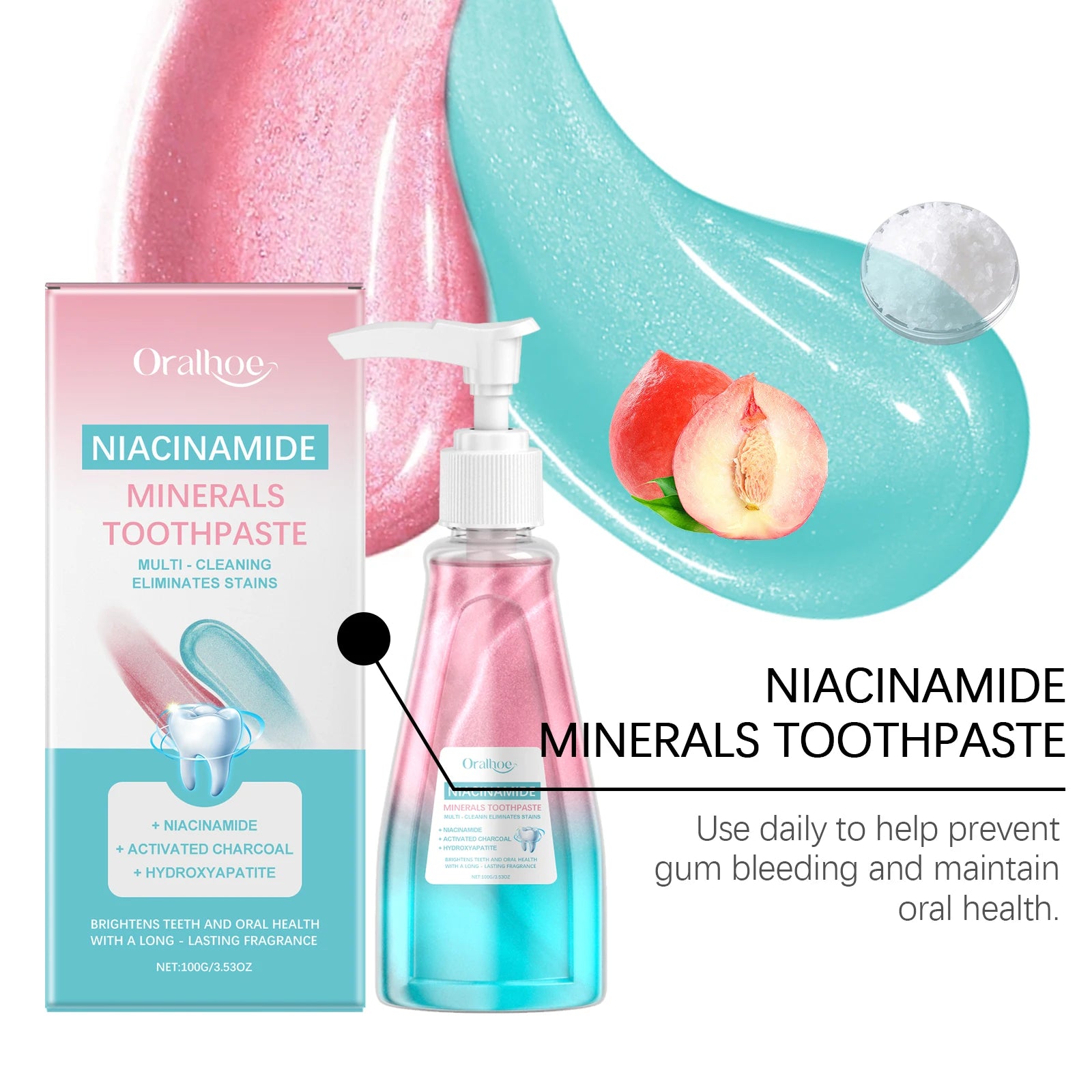 Oralhoe 100g Niacinamide dentifrice blanchissant éclaircir les dents nettoie les dents les tache bouche haleine fraîche hygiène buccale dentifrice blanchissant