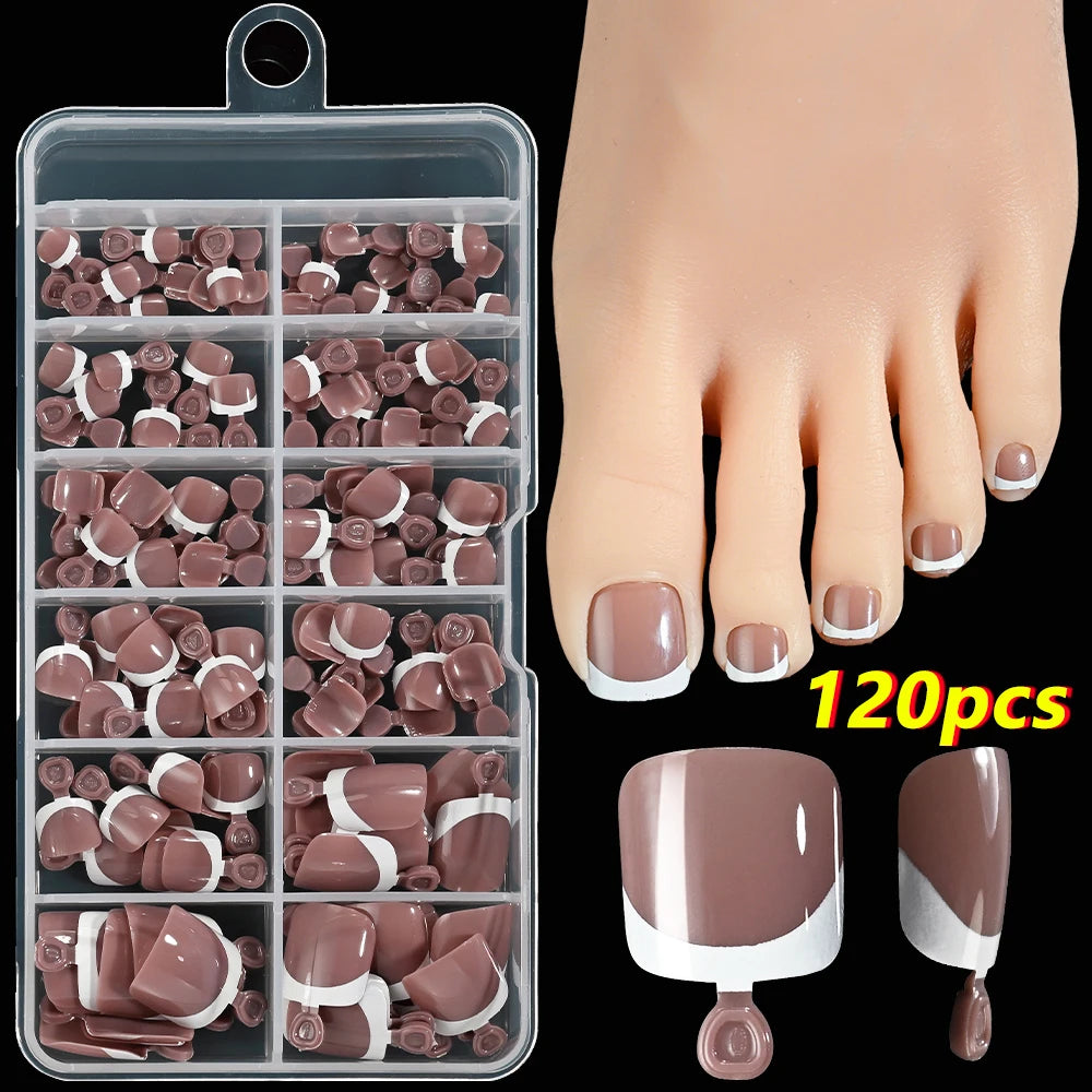 120 pièces/boîte pointe française ongles à pression système de couleur rose forme carrée ongles de pied longueur courte finition brillante faux ongles