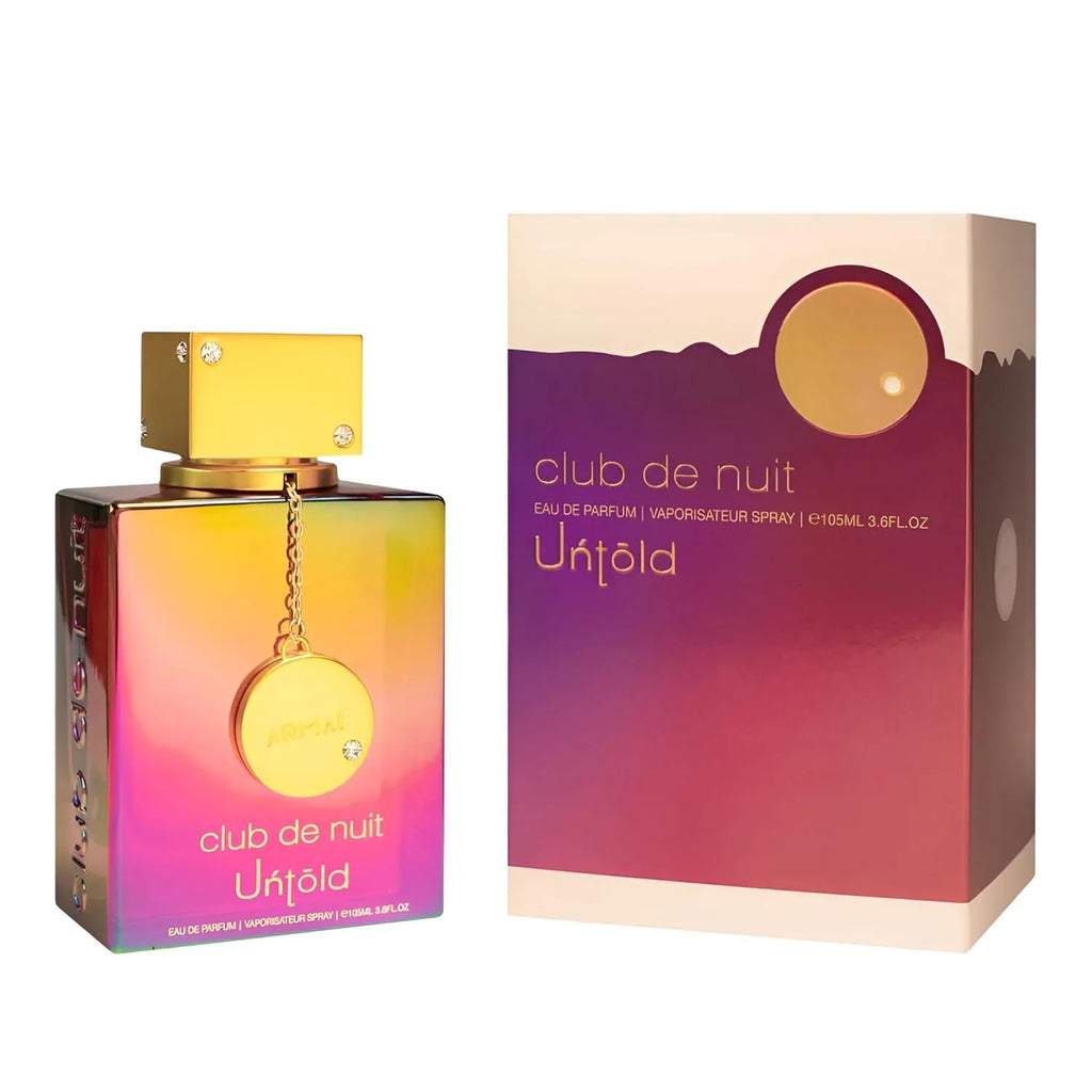 ARMFA Club De Nuit Untold Eau de Parfum 105ML avec coffret cadeau original Sunset Gradient, parfum longue tenue, riche, floral, vanillé, musqué, pour femme, flacon carré irisé arc-en-ciel, bouchon avec chaîne dorée, par