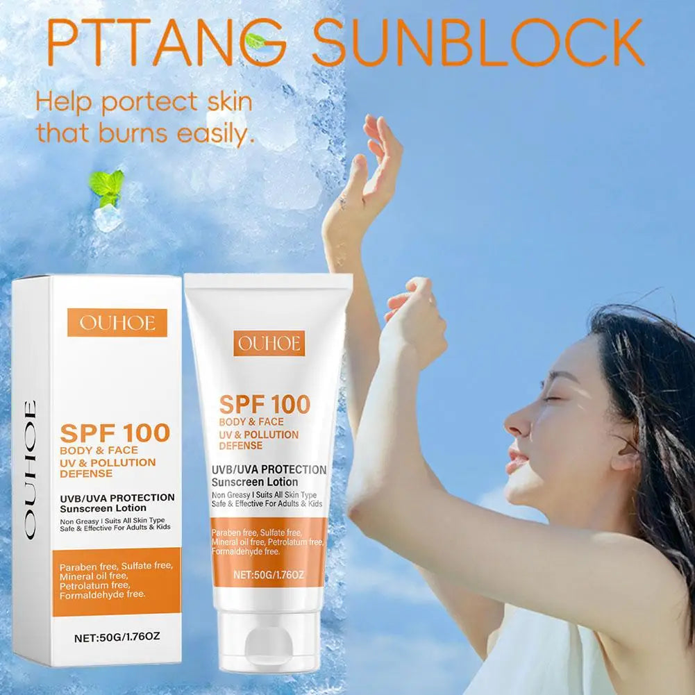 Lotion solaire Spf100, lumière hydratante et rafraîchissante, Non grasse, prévient les coups de soleil du visage et du corps, bloqueur solaire pour le visage