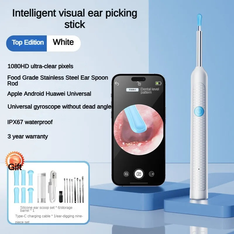 Outil de nettoyage d'oreilles sans fil avec caméra - Nettoyeur d'oreilles visuel étanche IP67 avec lumière LED et curette en silicone souple pour usage domestique