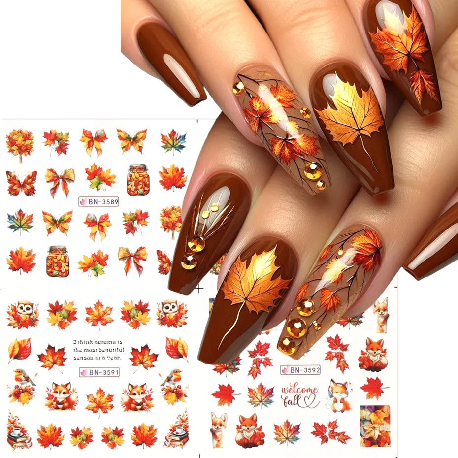 Autocollants de transfert d'eau pour ongles, feuilles d'érable d'automne, curseur, hérisson, écureuil, feuille d'automne, dinde, décorations