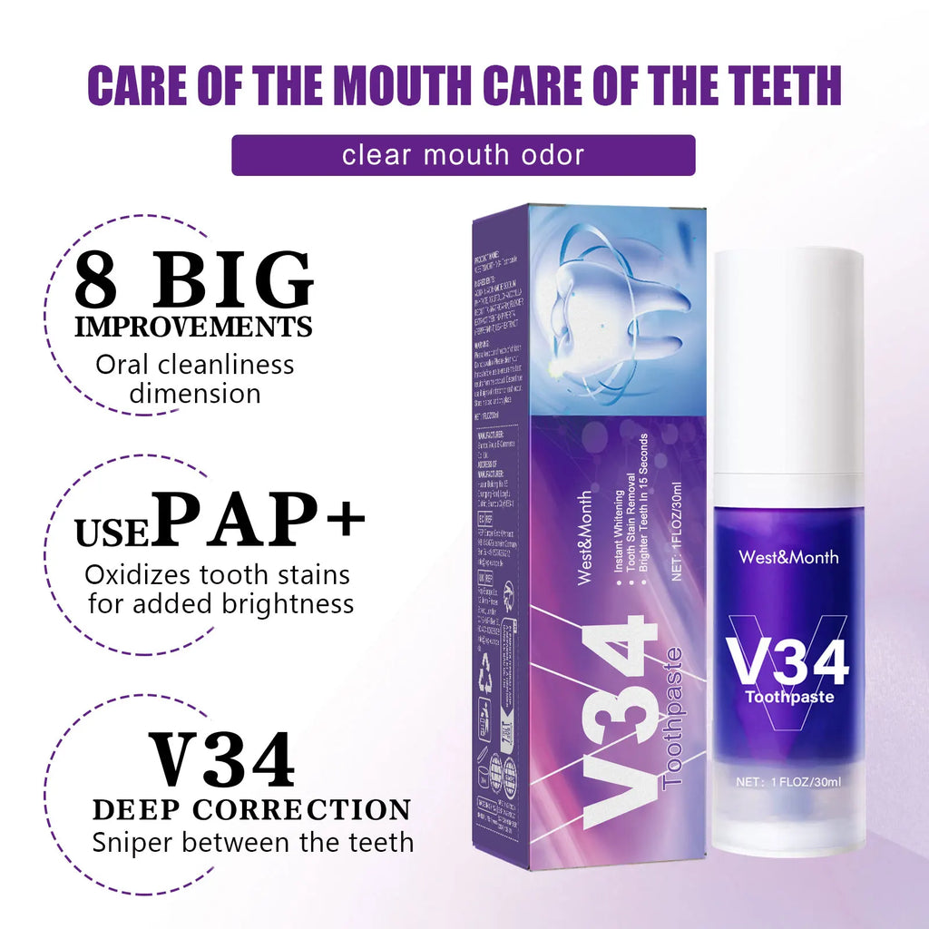 V34 Dents violettes Blanchiment dentifrice Éliminer les taches de plaque Nettoyage Hygiène buccale Souffle frais Beauté