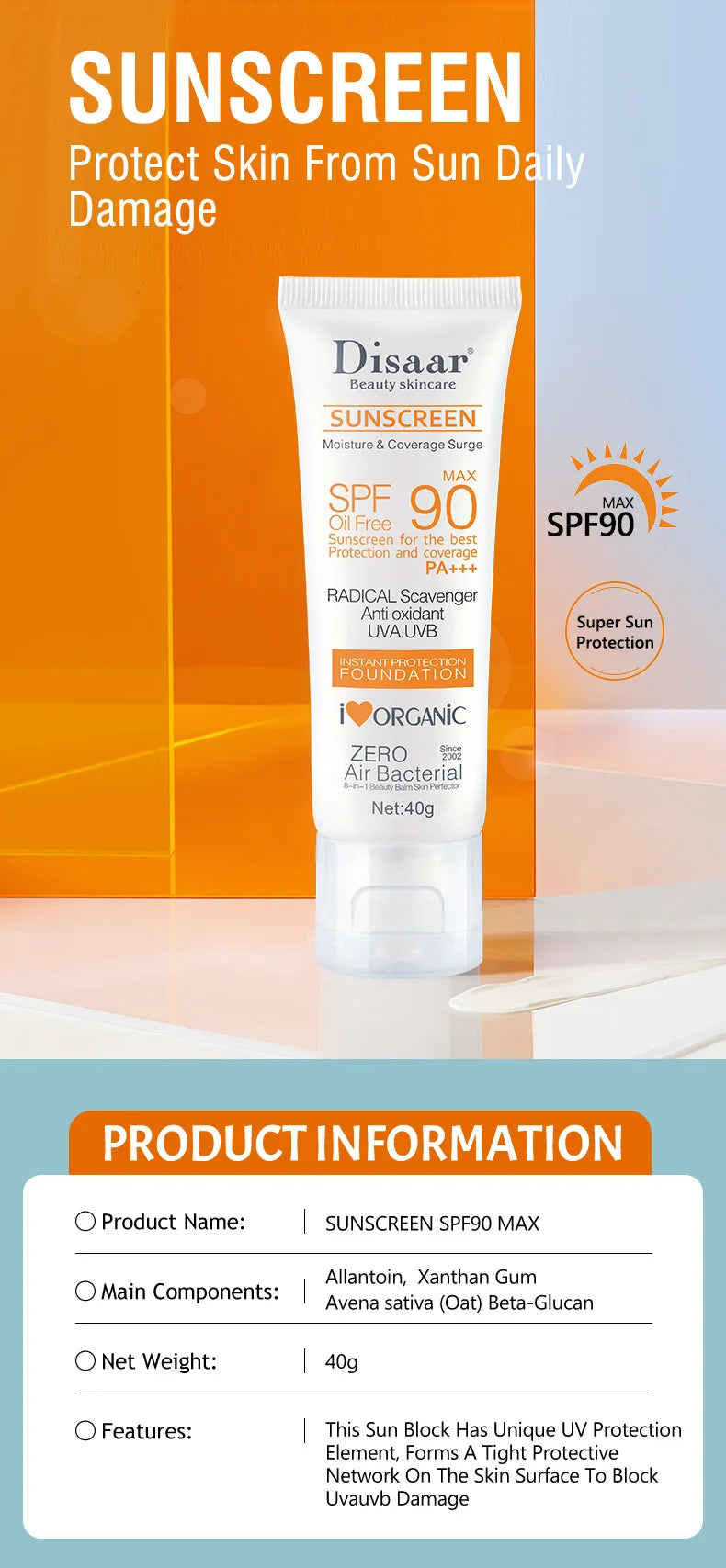 Écran solaire SPF90+ Protection contre les rayonnements UV Hydratant Visage Corps Bras Cuisses Crème solaire Soins de la peau