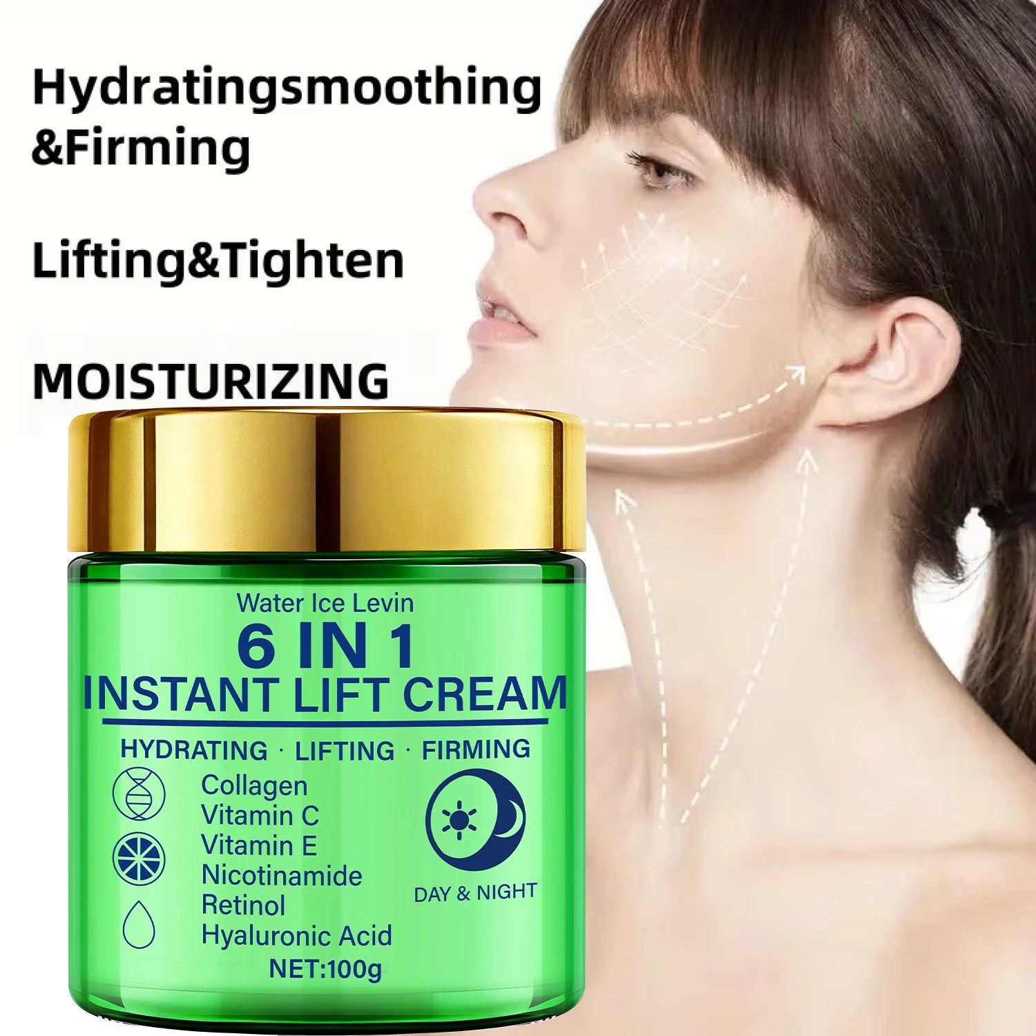 Crème liftante instantanée 6 en 1, mélange de collagène, vitamine C, rétinol. Hydrate, soulever, raffermit la peau. Utilisation jour et nuit. Serrage visible. 100g.