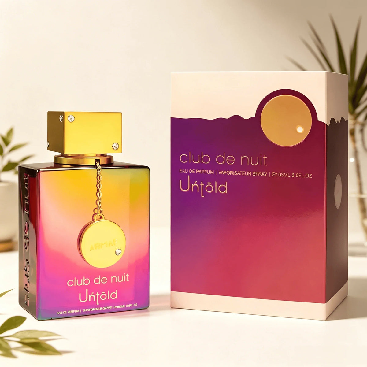 ARMFA Club De Nuit Untold Eau de Parfum 105ML avec coffret cadeau original Sunset Gradient, parfum longue tenue, riche, floral, vanillé, musqué, pour femme, flacon carré irisé arc-en-ciel, bouchon avec chaîne dorée, par
