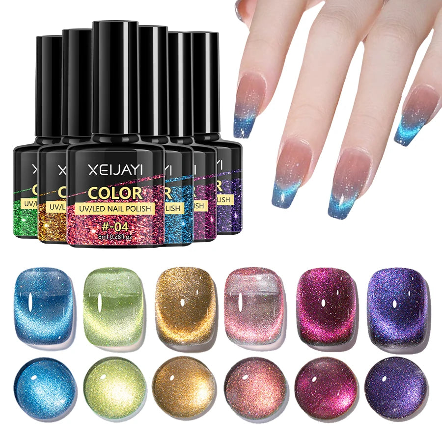 Ensemble de 6 vernis à ongles en gel œil de chat, vernis à ongles magnétique réfléchissant et bâton, tremper le vernis à ongles en gel œil de chat Manucure Nail Art Gift F