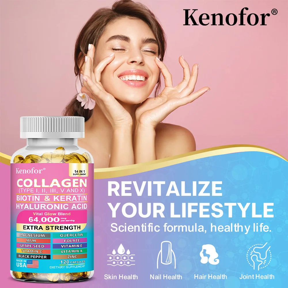 Capsules de collagène 14 en 1, produit de soins pour la peau à la biotine et à la kératine, Booster, Anti-vieillissement, blanchiment de la peau, supplément de soins des ongles et des cheveux