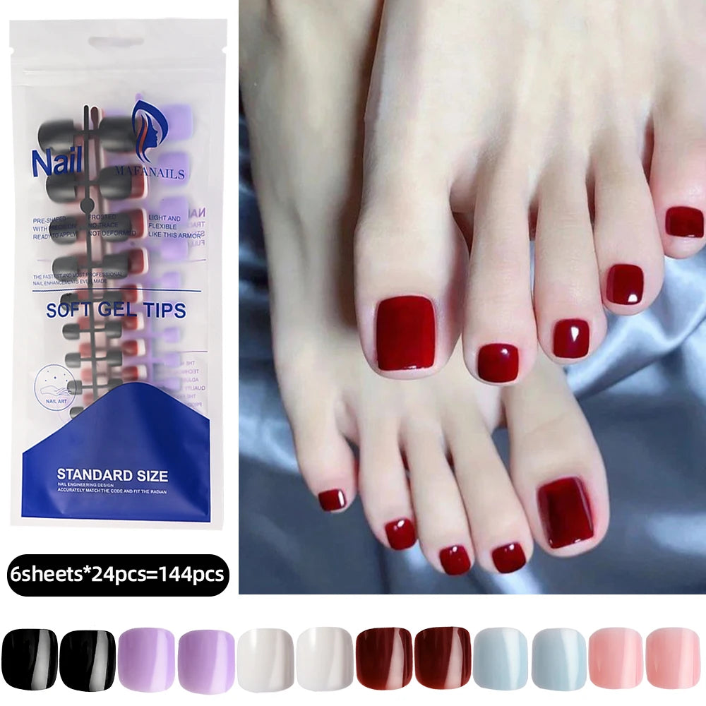120 pièces/boîte pointe française ongles à pression système de couleur rose forme carrée ongles de pied longueur courte finition brillante faux ongles