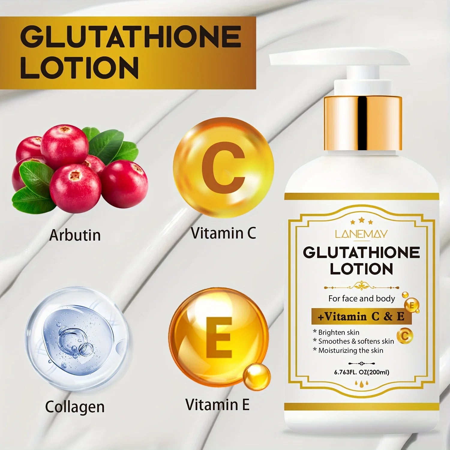 Lotion au glutathion avec vitamine C&E - Éclaircissant, hydratant et hydratant pour le visage et le corps pour le beige clair sec et fissuré, sans parabène