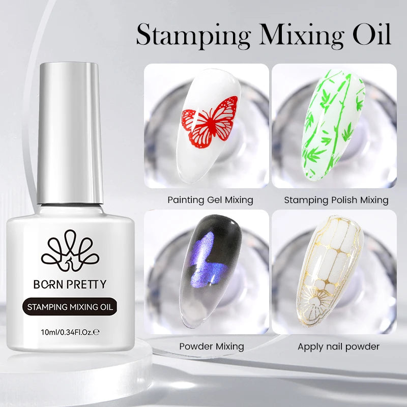 BORN PRETTY 10ml Estampage Mélange Huile Peinture Gel Estampage Vernis Poudre Mélange et Application Poudre à ongles Plaque d’estampage Outils
