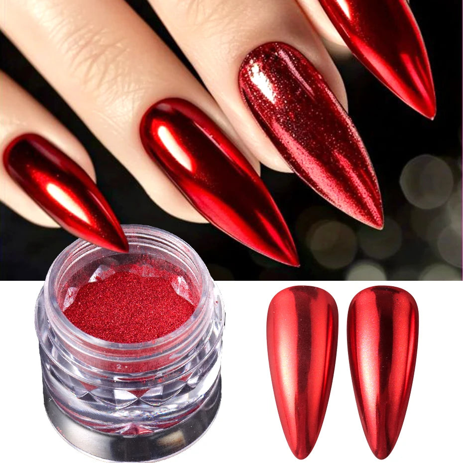 Poudre de chrome rouge Pigment d’ongles Miroir métallique Nail Art Poudre de paillettes Poussière de frottement Charmes Ongles Décorations Manucure