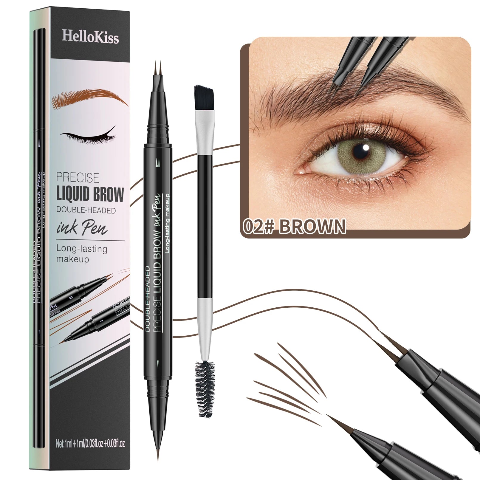 Crayon à sourcils liquide à deux branches Hellokiss, crayon à sourcils liquide à double extrémité sauvage 2 en 1 imperméable et résistant à la transpiration
