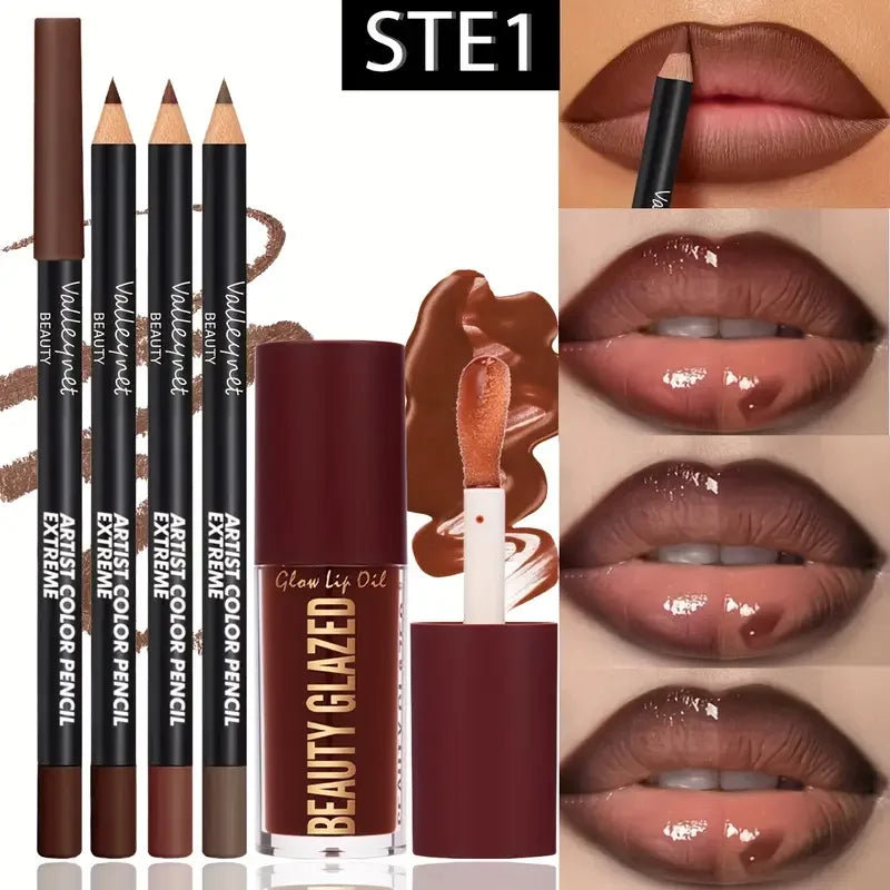 Kit de lèvres marron foncé 4 pièces-crayon à lèvres + vernis à lèvres, effet mat imperméable et durable, polyvalent pour les occasions décontractées et formelles,