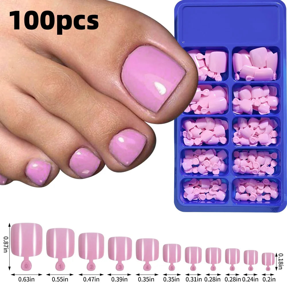 120 pièces/boîte pointe française ongles à pression système de couleur rose forme carrée ongles de pied longueur courte finition brillante faux ongles