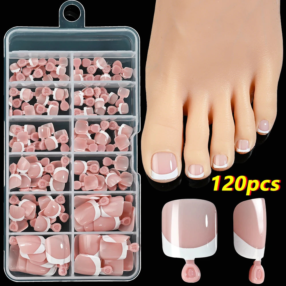 120 pièces/boîte pointe française ongles à pression système de couleur rose forme carrée ongles de pied longueur courte finition brillante faux ongles