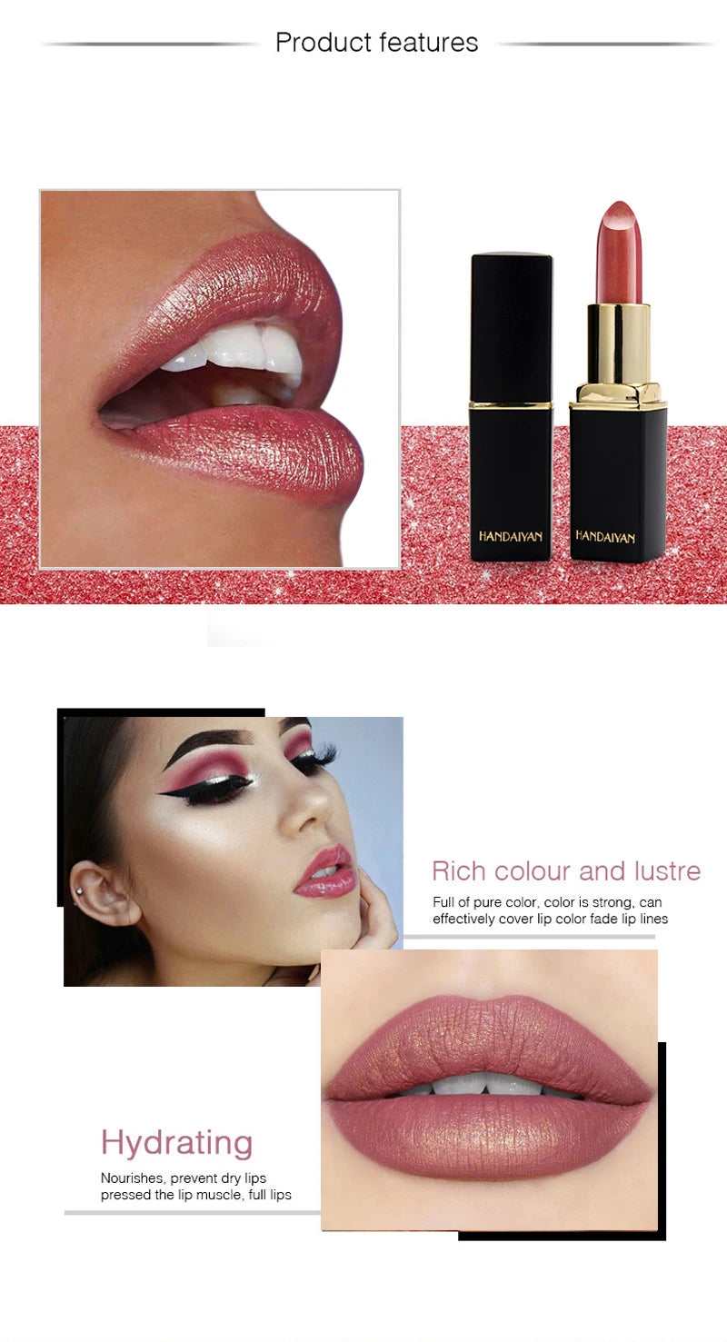 Rouge à lèvres brillant doré tube noir, rouge à lèvres hydratant perle 9 couleurs disponibles