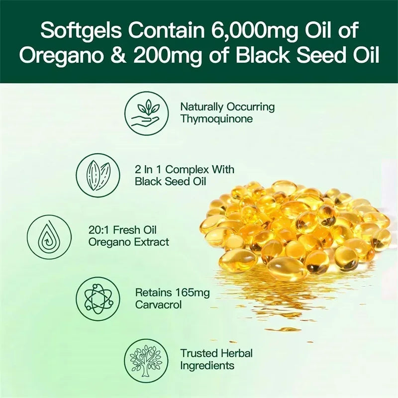 Gélules d'huile d'organo - avec huile de graines d'organo et noires, pour la digestion, soulage le gonflage, augmente l'immunité, antioxydant - 120 pièces