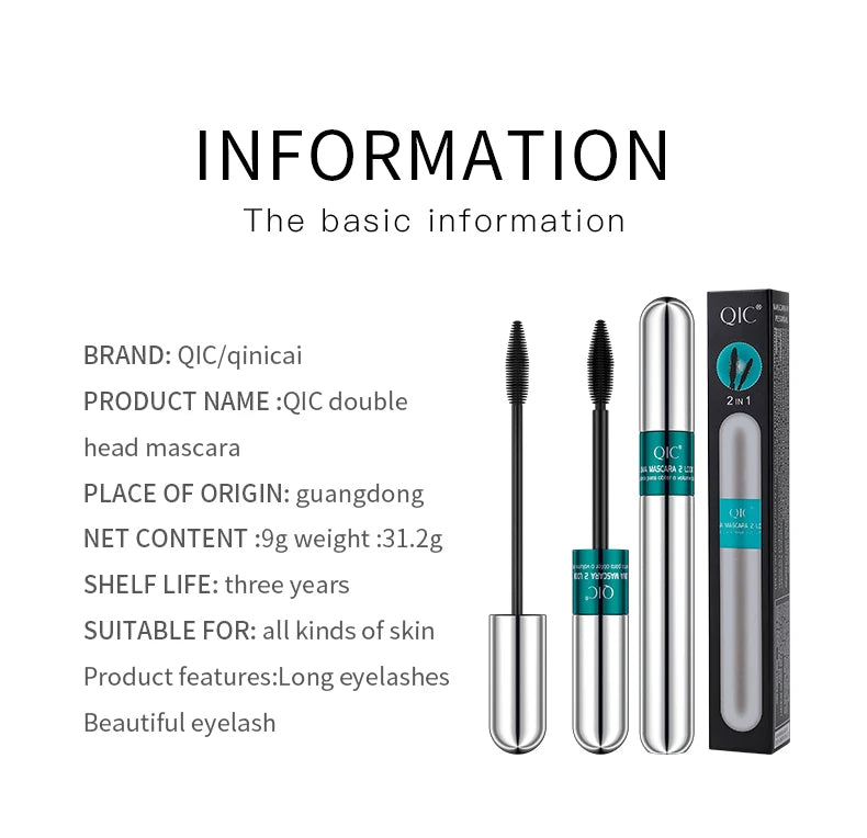 InjFiber-Mascara imperméable double en un, extension de cils, noir, optique, allongement des cils, cosmétiques