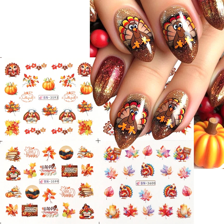 Autocollants de transfert d'eau pour ongles, feuilles d'érable d'automne, curseur, hérisson, écureuil, feuille d'automne, dinde, décorations