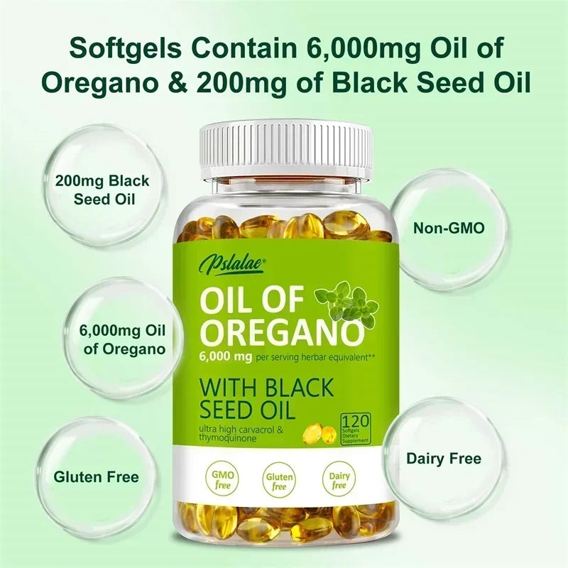 Gélules d'huile d'organo - avec huile de graines d'organo et noires, pour la digestion, soulage le gonflage, augmente l'immunité, antioxydant - 120 pièces