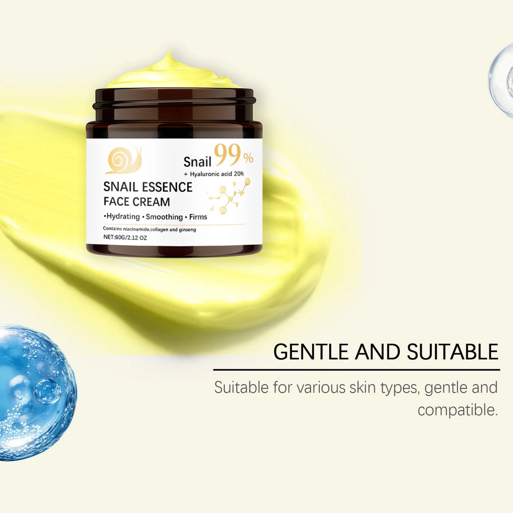 Crème hydratante pour le visage d’escargot 99 % d’essence d’escargot Acide hyaluronique 20 % de lifting raffermissant de la peau Barrière de réparation Soins de la peau 60g