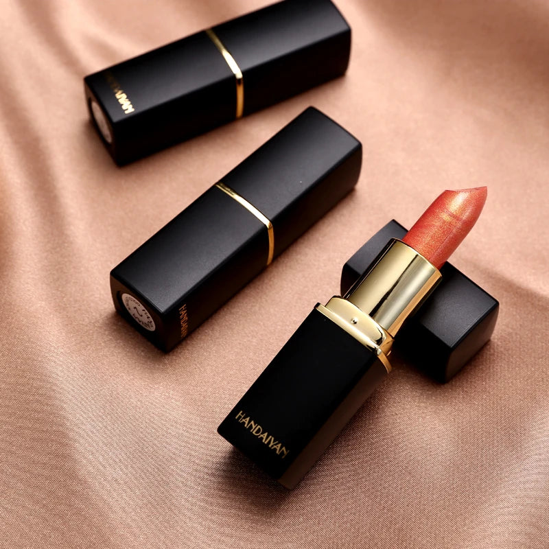 Rouge à lèvres brillant doré tube noir, rouge à lèvres hydratant perle 9 couleurs disponibles