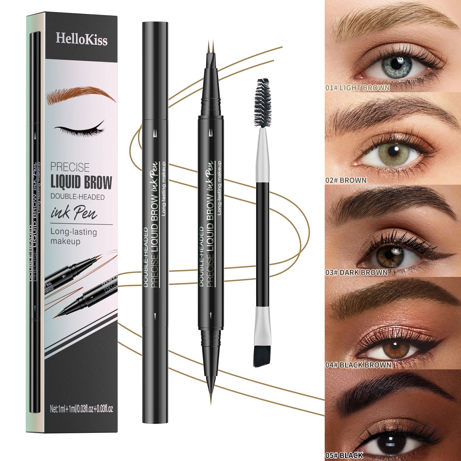 Crayon à sourcils liquide à deux branches Hellokiss, crayon à sourcils liquide à double extrémité sauvage 2 en 1 imperméable et résistant à la transpiration