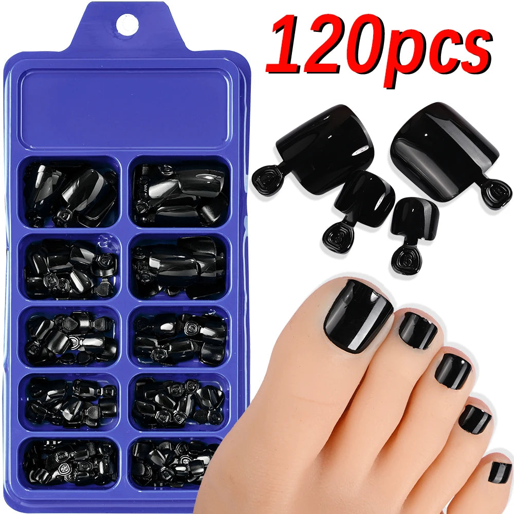 120 pièces/boîte pointe française ongles à pression système de couleur rose forme carrée ongles de pied longueur courte finition brillante faux ongles