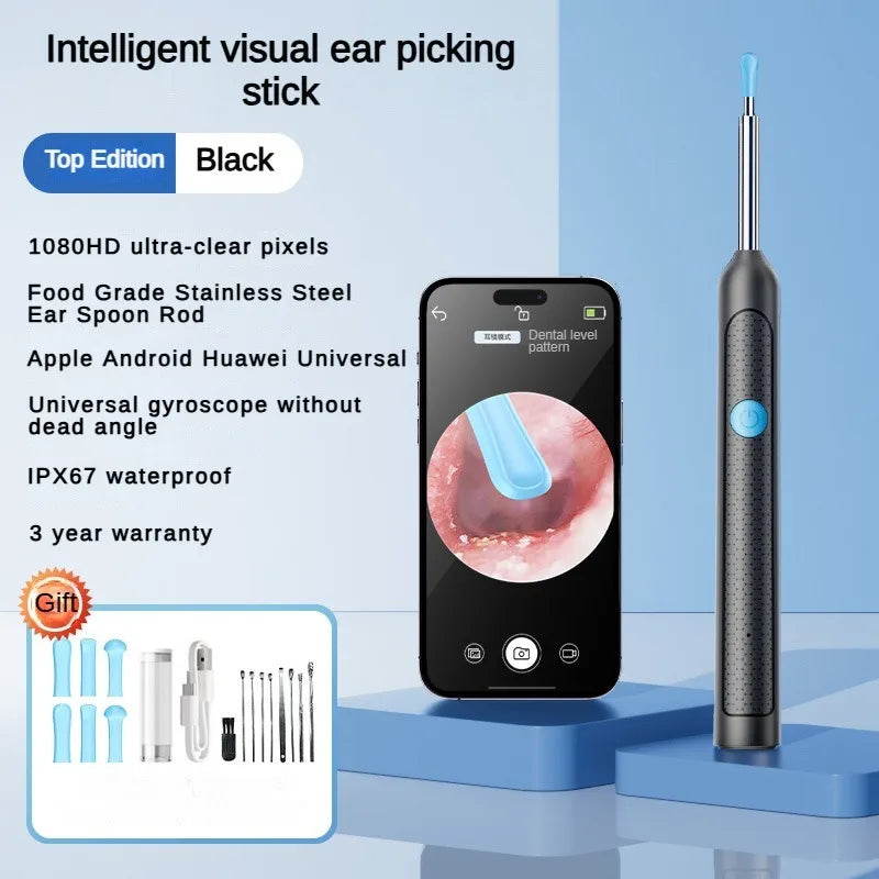 Outil de nettoyage d'oreilles sans fil avec caméra - Nettoyeur d'oreilles visuel étanche IP67 avec lumière LED et curette en silicone souple pour usage domestique