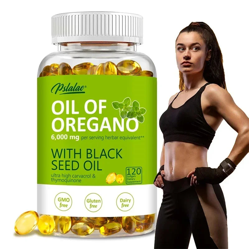 Gélules d'huile d'organo - avec huile de graines d'organo et noires, pour la digestion, soulage le gonflage, augmente l'immunité, antioxydant - 120 pièces
