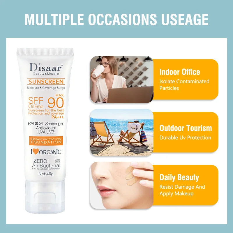Fond de Teint Solaire Sans Huile SPF90 PA+++ 40g, Protection Antioxydante UVA/UVB, Couvrance Hydratante Bio pour le Visage