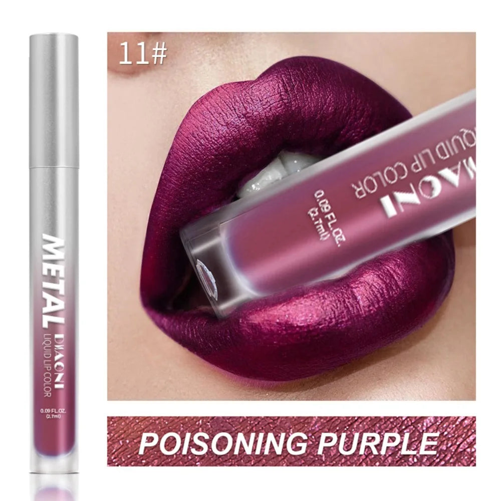 Rouge à lèvres liquide à brillant métallique, 12 couleurs, nacré, imperméable, brillant à lèvres, anti-taches, maquillage glamour pour les lèvres