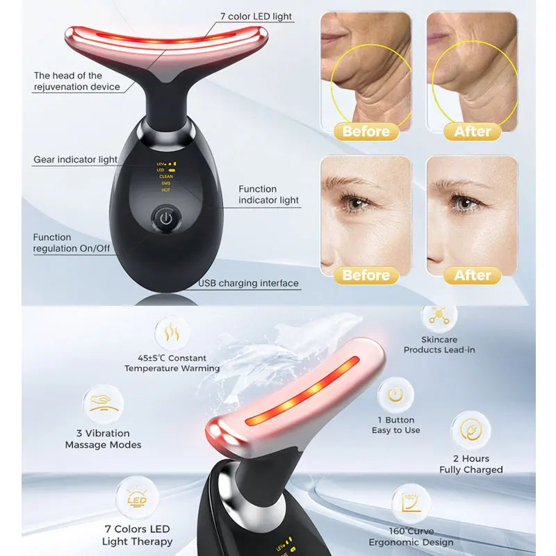 Masseur électrique pour le visage et le cou, 3 couleurs/7 couleurs, dispositif de raffermissement de la peau, Instrument de beauté LED, dissolvant de rides