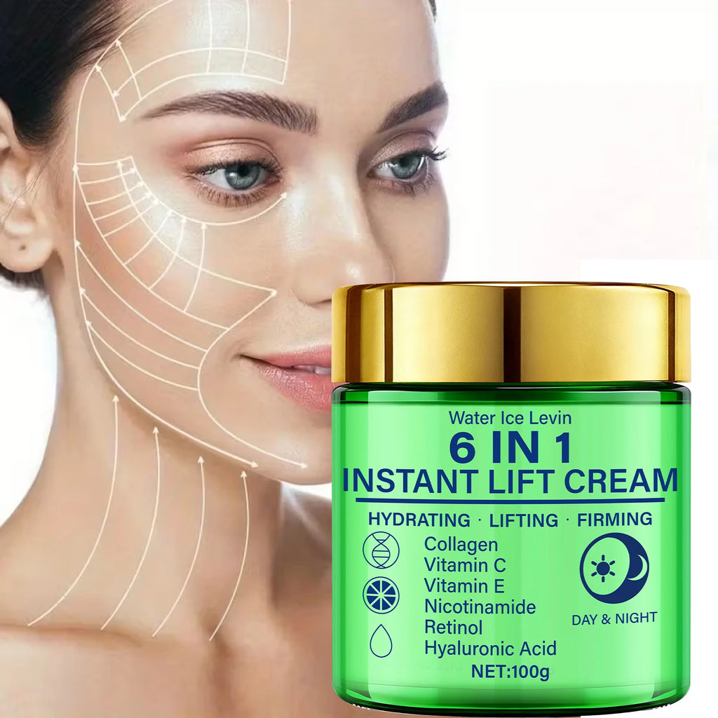 Crème liftante instantanée 6 en 1, mélange de collagène, vitamine C, rétinol. Hydrate, soulever, raffermit la peau. Utilisation jour et nuit. Serrage visible. 100g.