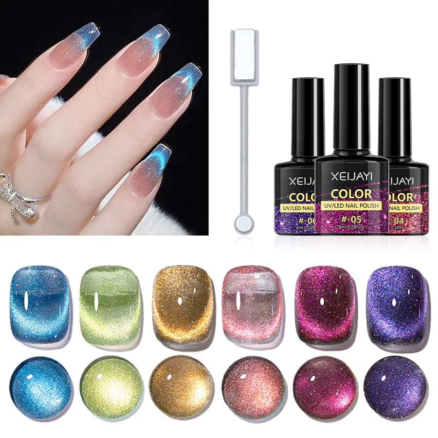 Ensemble de 6 vernis à ongles en gel œil de chat, vernis à ongles magnétique réfléchissant et bâton, tremper le vernis à ongles en gel œil de chat Manucure Nail Art Gift F