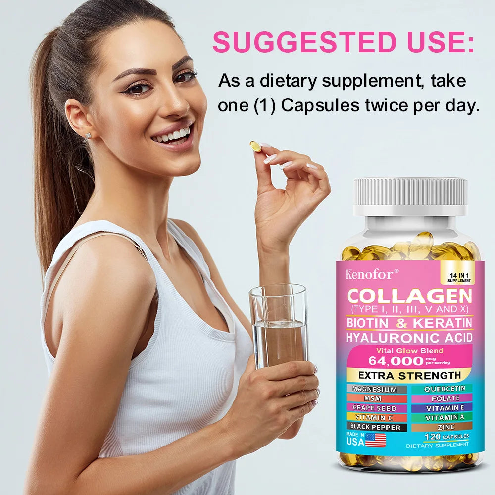 Capsules de collagène 14 en 1, produit de soins pour la peau à la biotine et à la kératine, Booster, Anti-vieillissement, blanchiment de la peau, supplément de soins des ongles et des cheveux