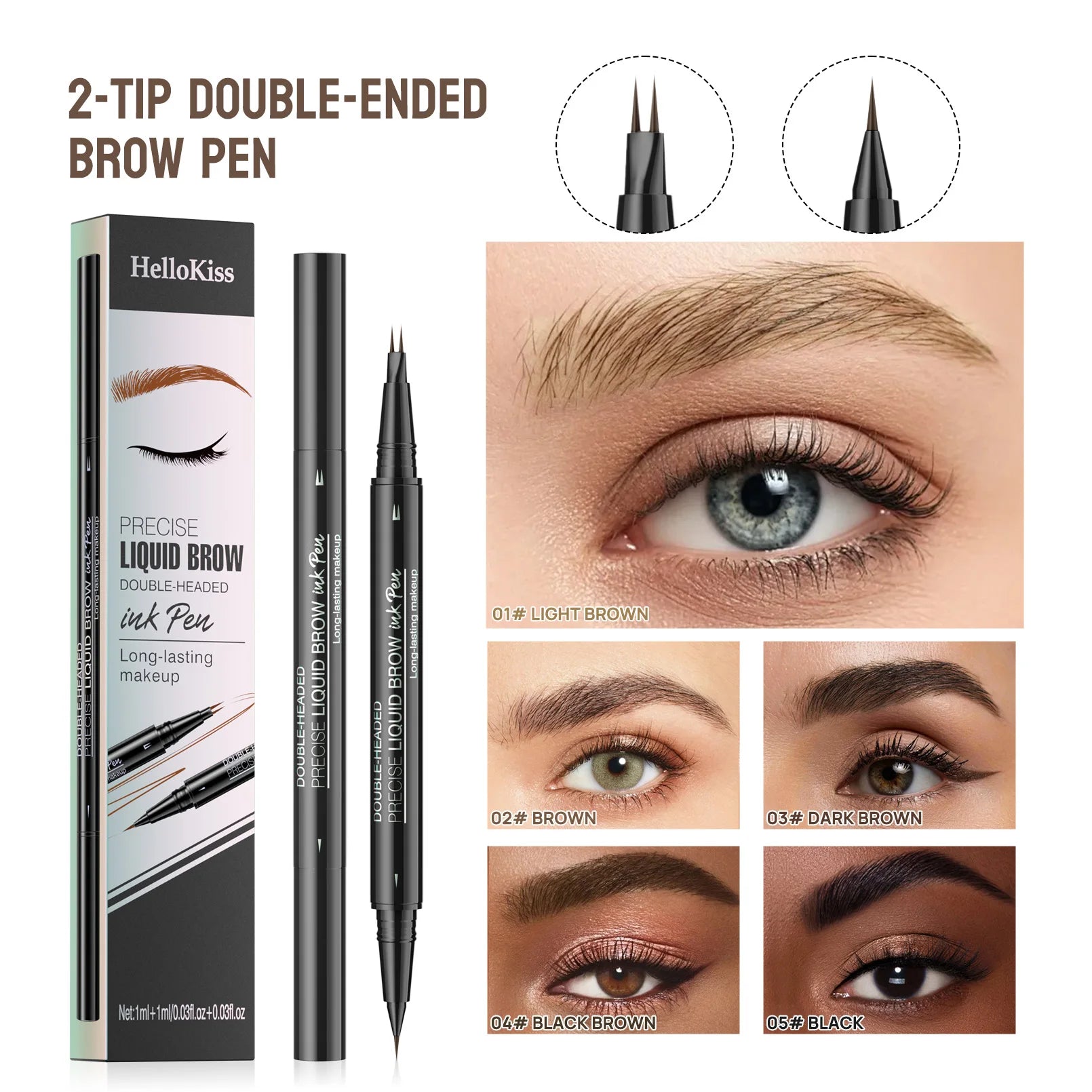 Crayon à sourcils liquide à deux branches Hellokiss, crayon à sourcils liquide à double extrémité sauvage 2 en 1 imperméable et résistant à la transpiration