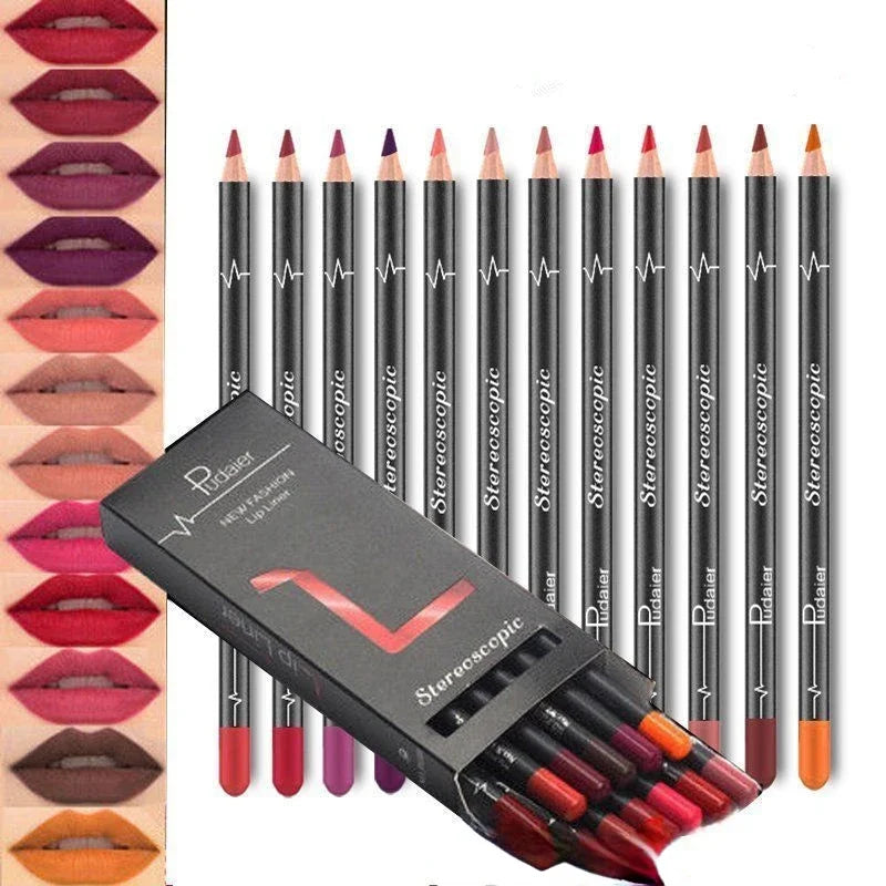 Ensemble de rouge à lèvres crayon Imperméable Facile à porter Coupe antiadhésive Matte Lip Liner Maquillage longue durée 12Pcs Kits de combinaison Cosmétiques
