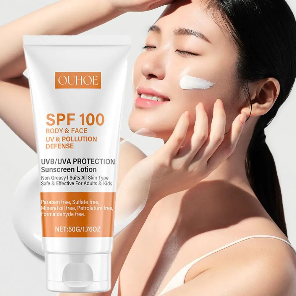 Lotion solaire Spf100, lumière hydratante et rafraîchissante, Non grasse, prévient les coups de soleil du visage et du corps, bloqueur solaire pour le visage