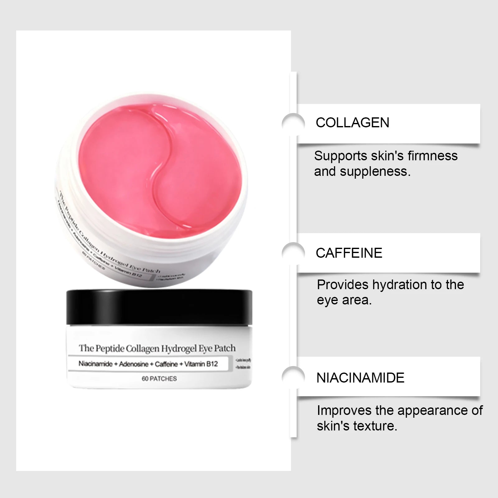 Patch pour les yeux en hydrogel de collagène peptidique Réduire les rides, les cernes avec le peptide de cuivre, la niacinamide, le gel hydratant raffermissant, coussinets pour les yeux