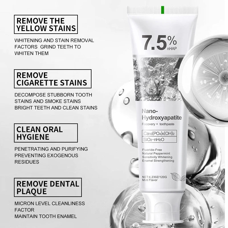 Dentifrice 7,5 % Dentifrice de nano-hydroxyapatite Nouveau dentifrice de nettoyage oral Respiration rafraîchissante Élimination des taches dentaires Utilisation adulte