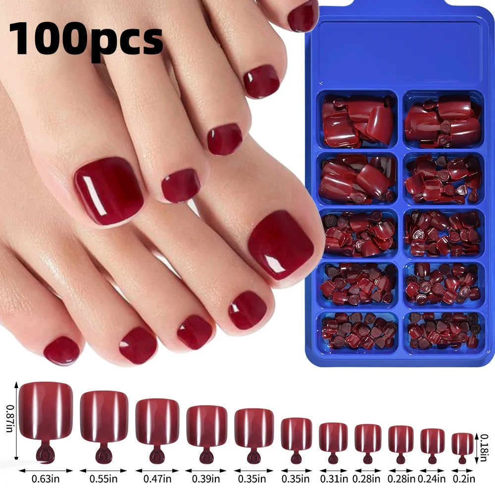 120 pièces/boîte pointe française ongles à pression système de couleur rose forme carrée ongles de pied longueur courte finition brillante faux ongles