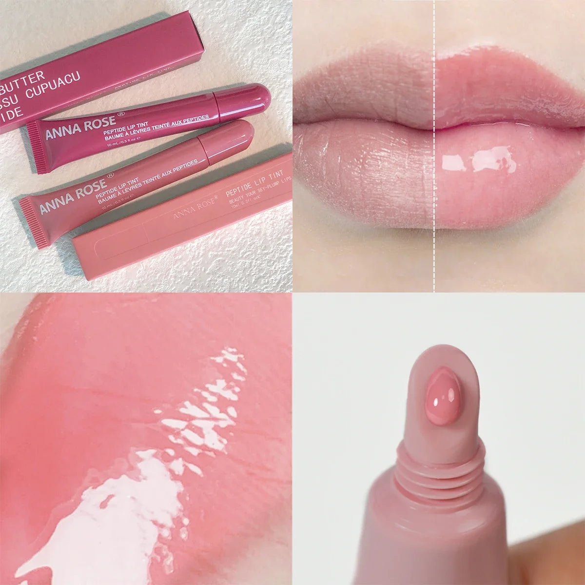 Ensemble de teinture pour lèvres infusée de peptide - 4 teintes de brillant de gelée, brillant à lèvres hydratant, couleur de lèvres brillante longue durée
