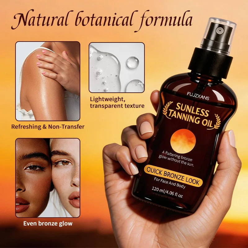 Huile bronzante sans soleil en spray : crée rapidement un teint hâlé, unifie le teint, illumine le complexion. Convient pour le visage et le corps