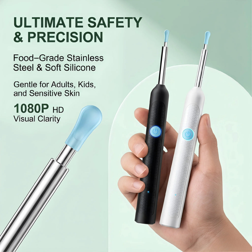 Outil de nettoyage d'oreilles sans fil avec caméra - Nettoyeur d'oreilles visuel étanche IP67 avec lumière LED et curette en silicone souple pour usage domestique