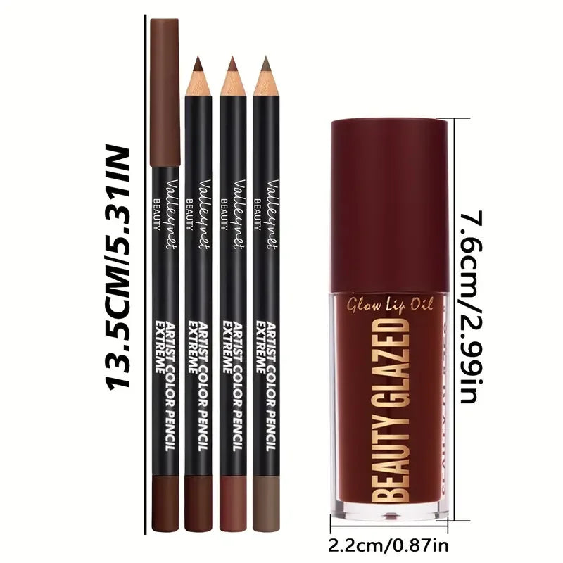 Kit de lèvres marron foncé 4 pièces-crayon à lèvres + vernis à lèvres, effet mat imperméable et durable, polyvalent pour les occasions décontractées et formelles,