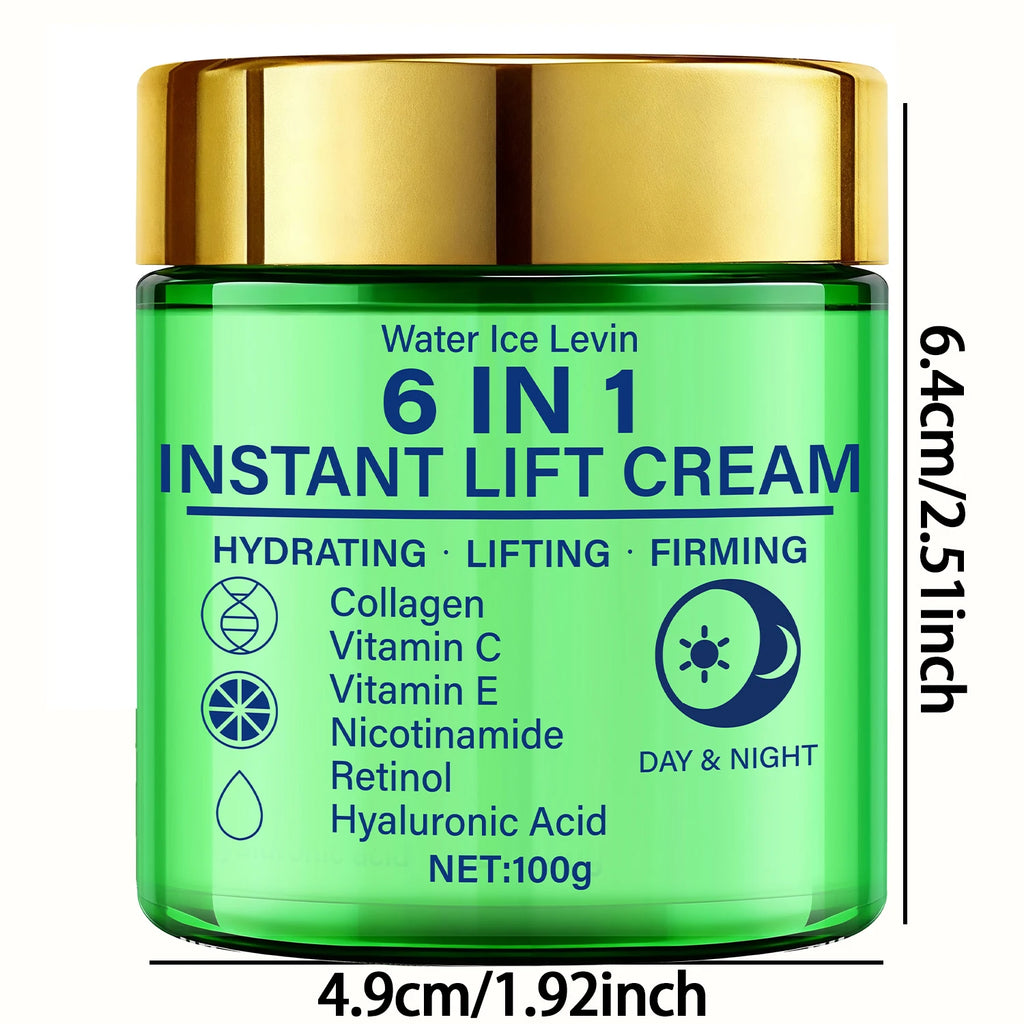Crème liftante instantanée 6 en 1, mélange de collagène, vitamine C, rétinol. Hydrate, soulever, raffermit la peau. Utilisation jour et nuit. Serrage visible. 100g.