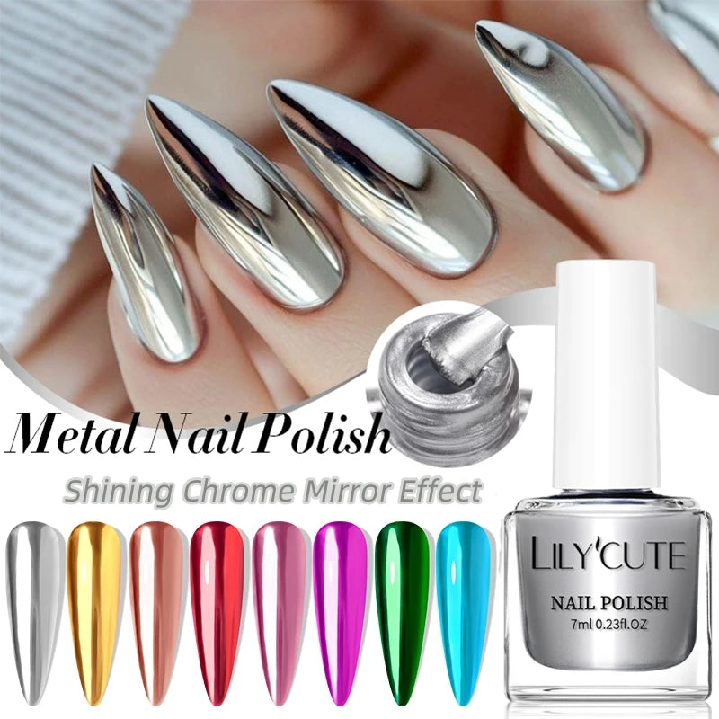 LILYCUTE 7ml Ultra Shine Vernis à ongles en métal longue durée Effet métallique Nail Art Vernis Bouteille en verre Séchage rapide à l’air